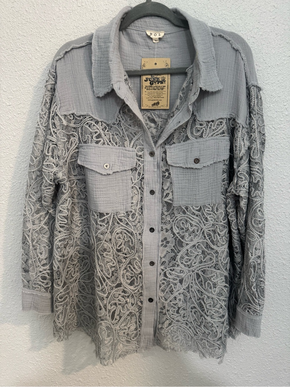 POL Powder Grey Lace-Overlay Button Shirt Jacket